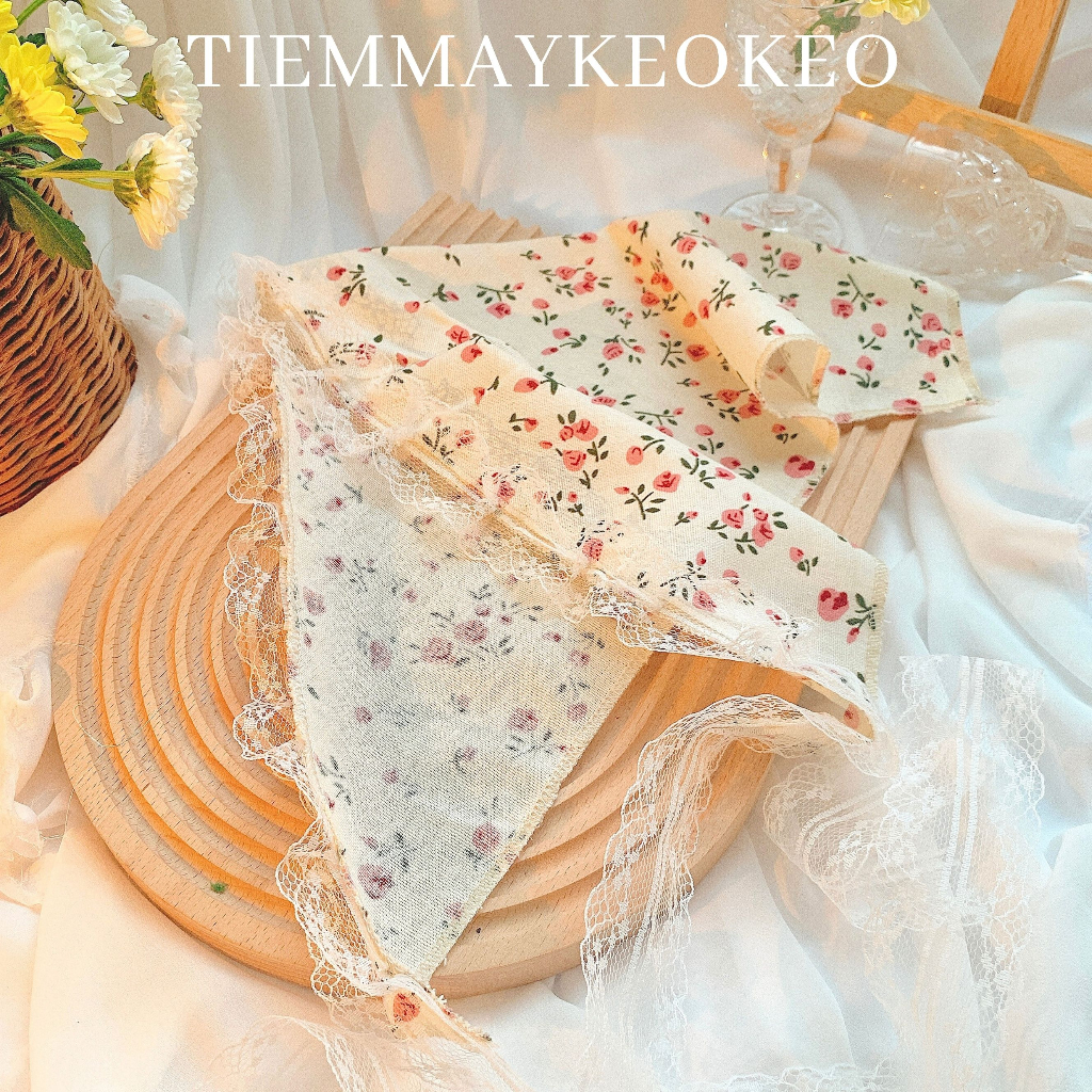 Khăn vải turban bandana phối viền ren TIEMMAYKEOKEO chất liệu linen tone be Hàn Quốc họa tiết hoa nhí 50x50cm