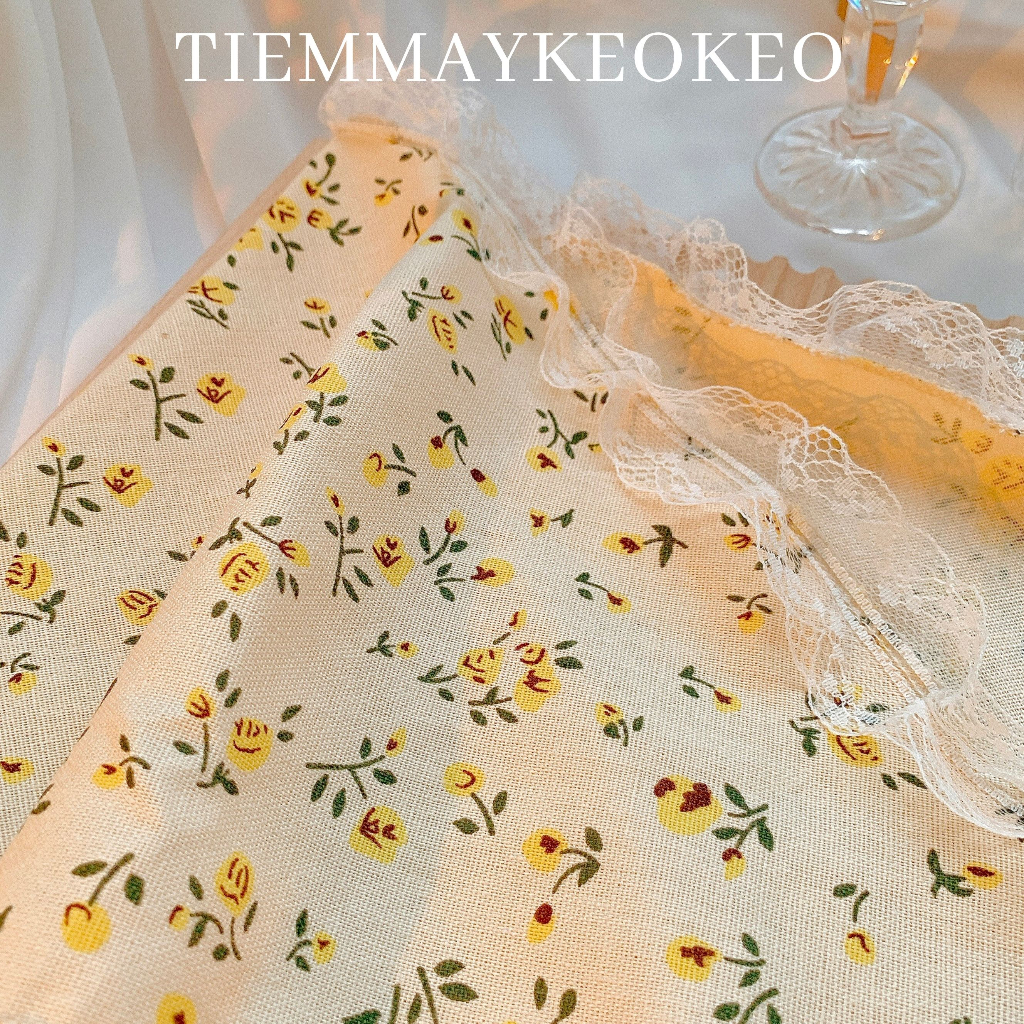 Khăn vải turban bandana phối viền ren TIEMMAYKEOKEO chất liệu linen tone be Hàn Quốc họa tiết hoa nhí 50x50cm