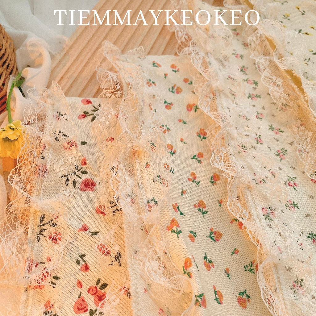 Khăn vải turban bandana phối viền ren TIEMMAYKEOKEO chất liệu linen tone be Hàn Quốc họa tiết hoa nhí 50x50cm