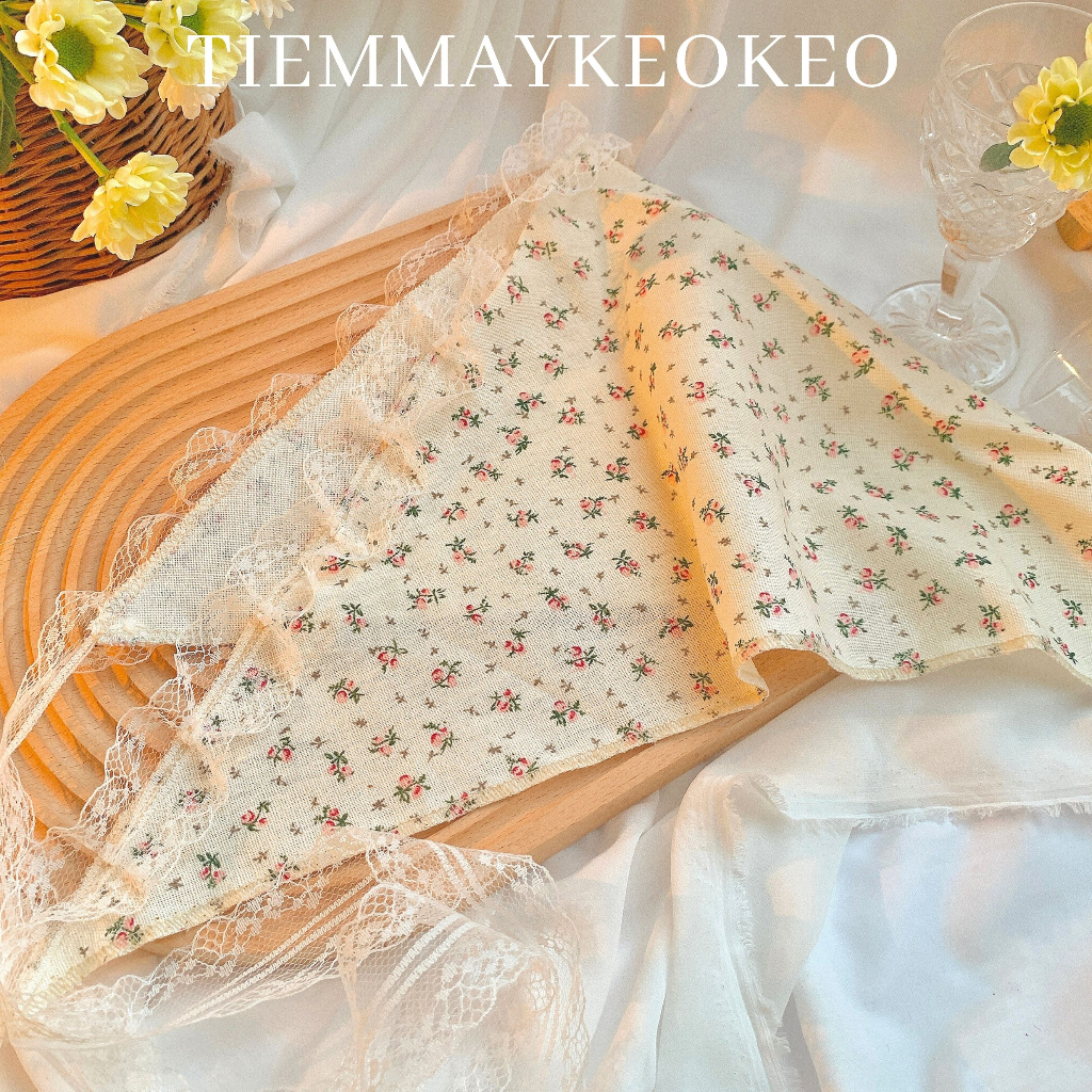 Khăn vải turban bandana phối viền ren TIEMMAYKEOKEO chất liệu linen tone be Hàn Quốc họa tiết hoa nhí 50x50cm
