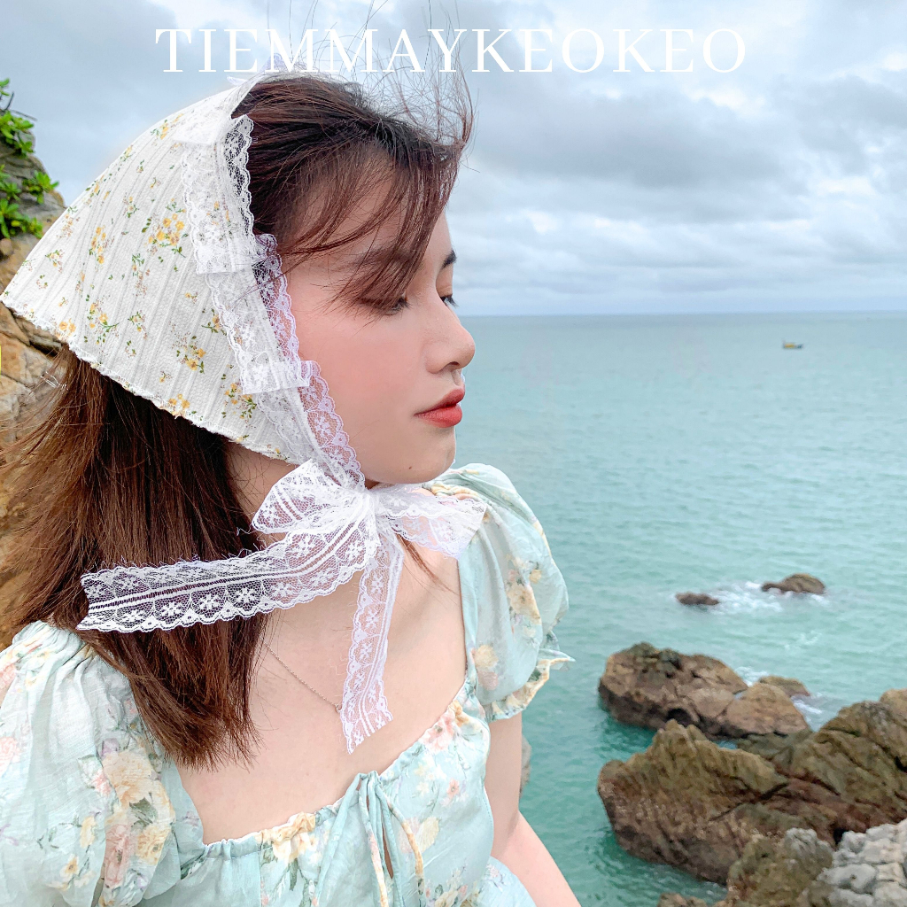 Khăn vải turban bandana phối viền ren TIEMMAYKEOKEO chất liệu linen tone be Hàn Quốc họa tiết hoa nhí 50x50cm