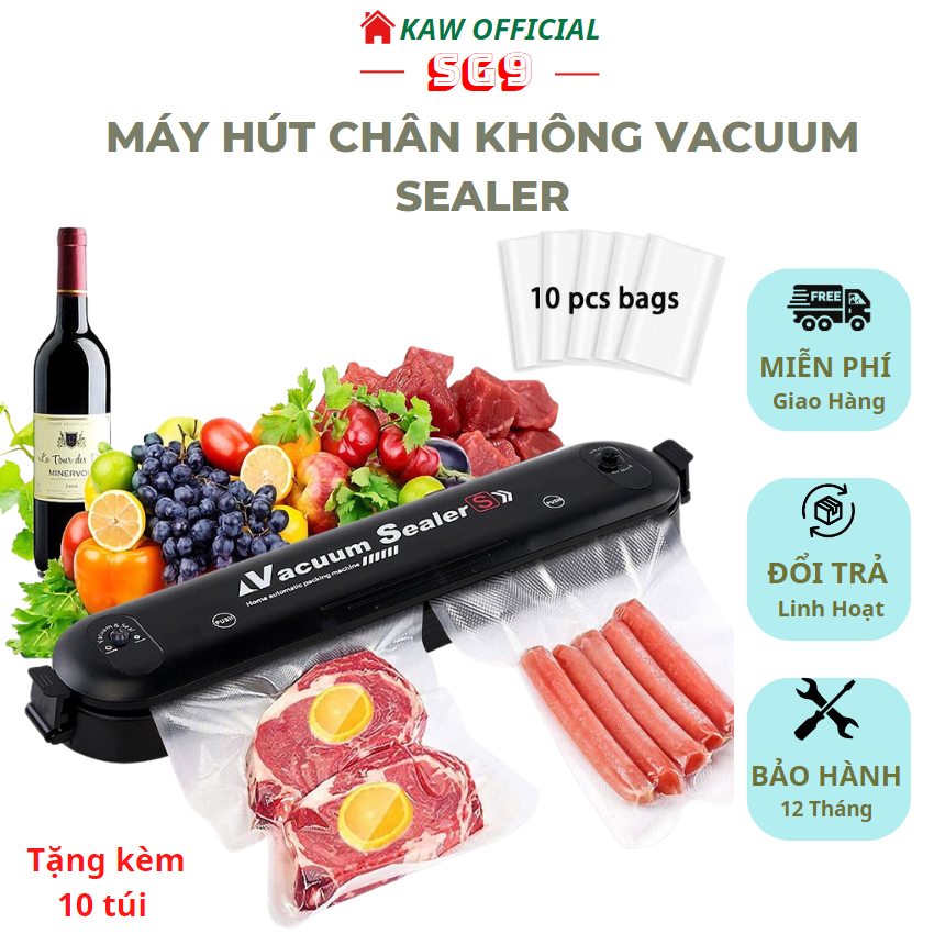 Máy hút chân không bảo quản thực phẩm KAW- Vacuum Sealer mini cao cấp tự hàn miệng tiện dụng tặng kèm 10 túi hút
