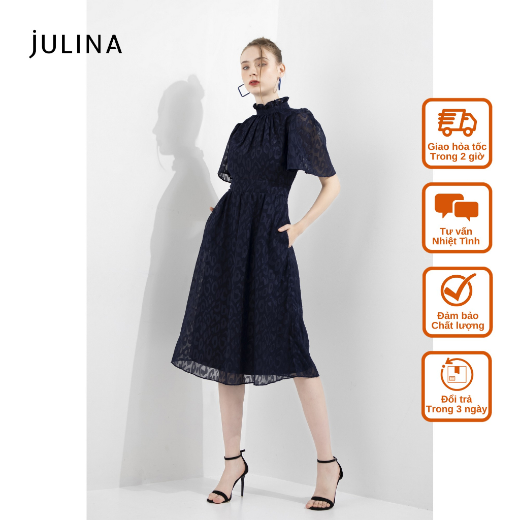 Đầm midi ren cổ lọ ngắn tay xanh dương Julina (có bigsize) jf871