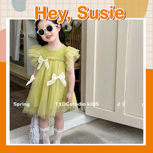 Đầm Công Chúa Xanh Bơ Đính Nơ Chất Thoáng Mát Cho Bé Gái Size 9-20kg Hey Susie V2851