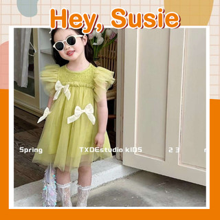 Đầm công chúa xanh bơ đính nơ chất thoáng mát cho bé gái size 9-20kg hey susie v2851