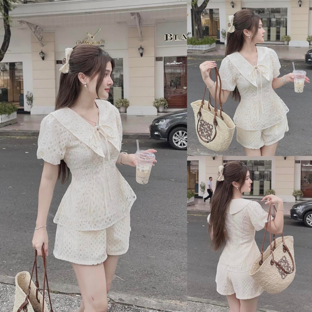 Sét bộ áo ren cổ bèo dây cột kèm quần short Sét bộ đi chơi dễ thương bigsize KN từ 50 kg đến 100 kg M/L/XL/XXL
