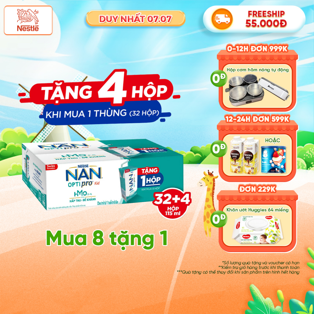 Thùng 36 Hộp Sữa Dinh Dưỡng Pha Sẵn NESTLE NAN OPTIPRO Kid 115ml/Hộp ( 4x(9x115ml) ) - Mua 8 tặng 1