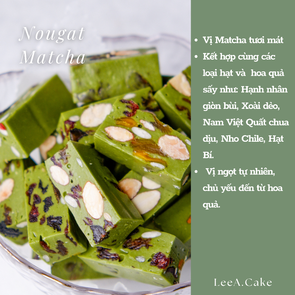 Kẹo dẻo nougat vị Sữa hoa quả, Trà xanh, Trà bá tước, Mint Milano, Cafe hạnh nhân, Xoài cacao - Kẹo hạnh phúc LeeA.Cake