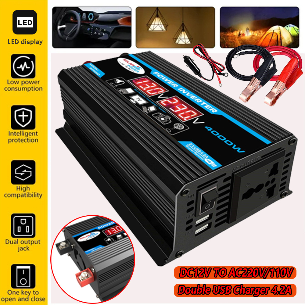 Kích Điện, Bộ Chuyển Đổi 12V Sang 220V 4000W ，1 ổ Cắm AC và 2 Cổng USB 88406