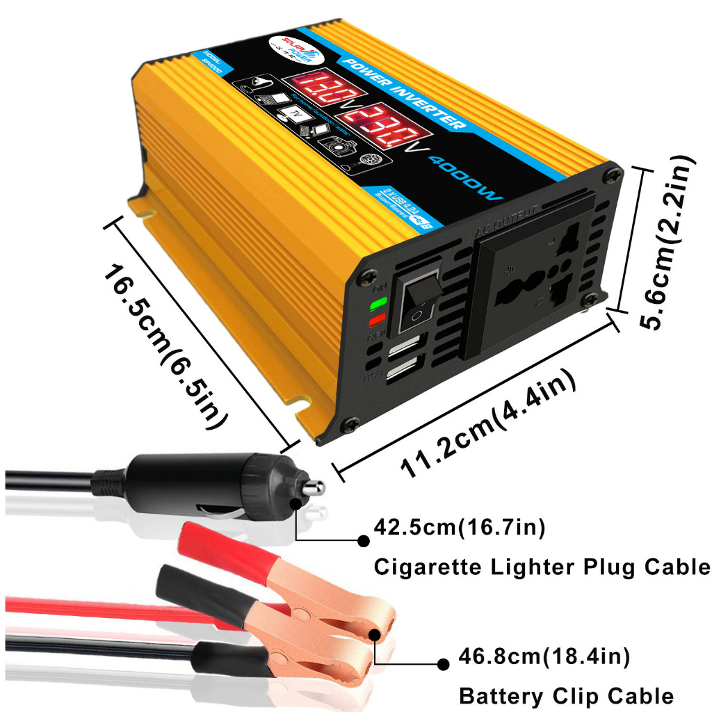 Kích Điện, Bộ Chuyển Đổi 12V Sang 220V 4000W ，1 ổ Cắm AC và 2 Cổng USB 88406