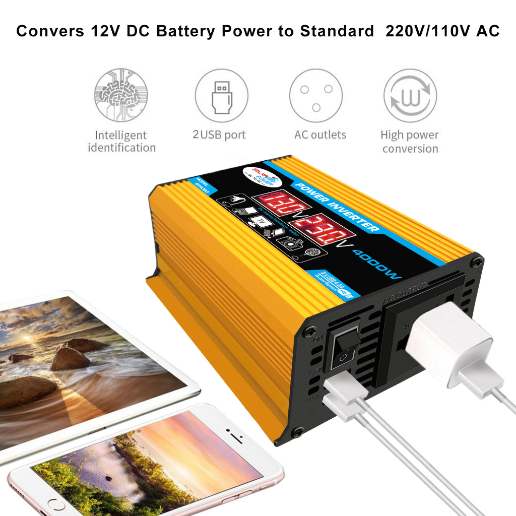 Kích Điện, Bộ Chuyển Đổi 12V Sang 220V 4000W ，1 ổ Cắm AC và 2 Cổng USB 88406