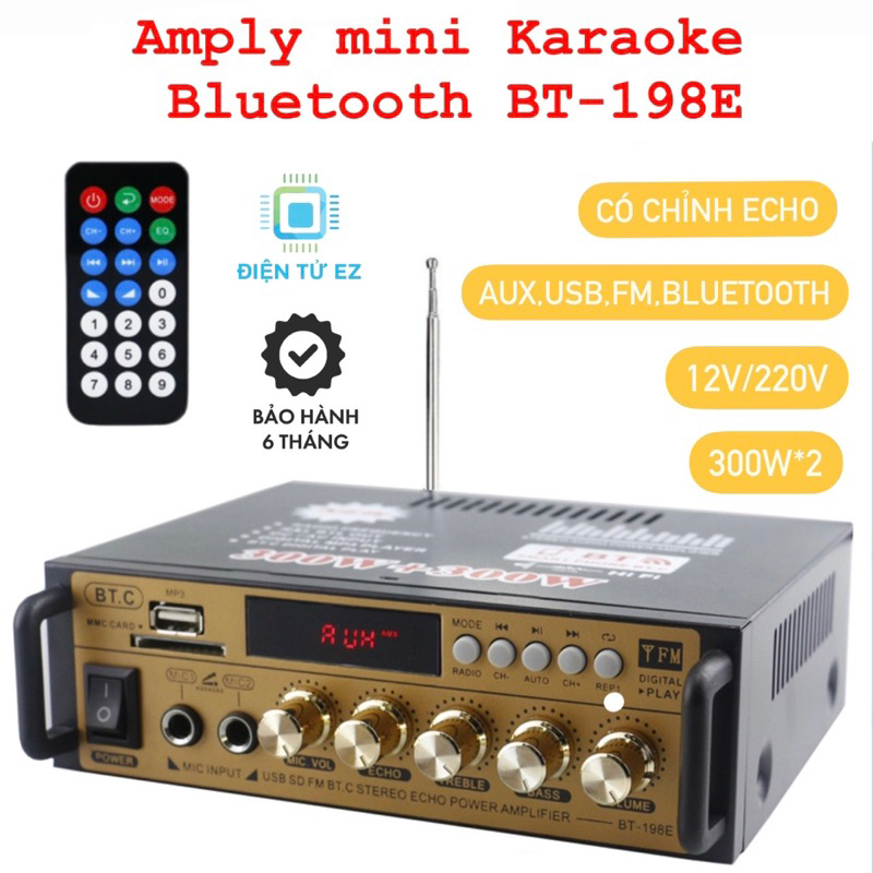 Amply mini BT-198E hát Karaoke Bluetooth có chỉnh echo, 12V/220V