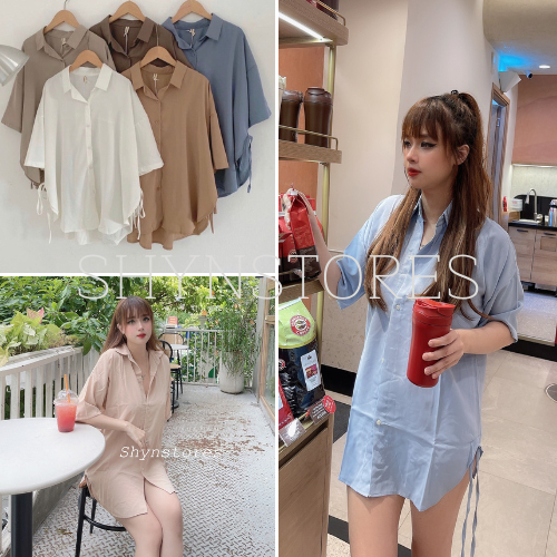 Áo sơ mi nữ vintage - áo sơ mi tay lỡ form rộng Shynstores vải đũi nhún eo