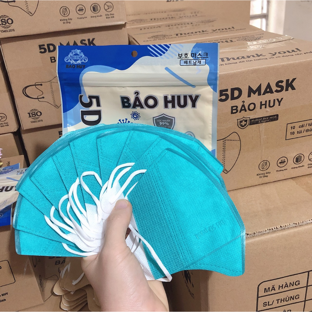 Khẩu Trang 5D Bảo Huy Thùng 100 Cái 3 Lớp Kháng Khuẩn Ôm Mặt Hàng chính hãng