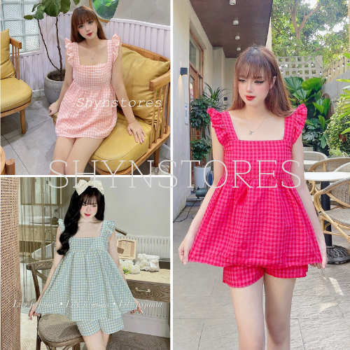 Shynstores Set đồ ngủ - bộ đồ babydoll hoặc tiết kẻ caro vải mềm nhẹ mát