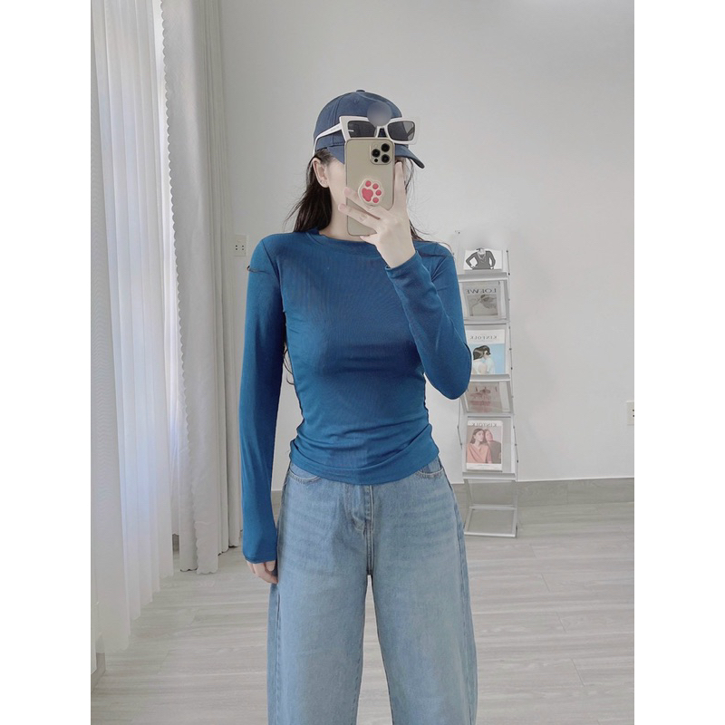 Áo cổ tròn tay dài thun gân mềm chính phẩm túi zip