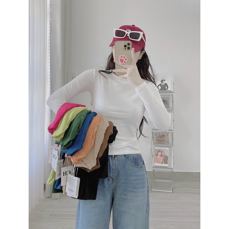 Áo cổ tròn tay dài thun gân mềm chính phẩm túi zip