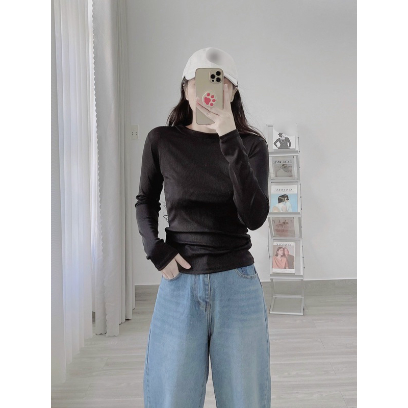 Áo cổ tròn tay dài thun gân mềm chính phẩm túi zip