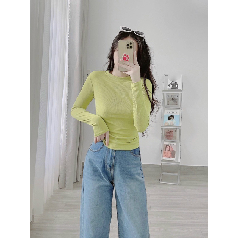 Áo cổ tròn tay dài thun gân mềm chính phẩm túi zip