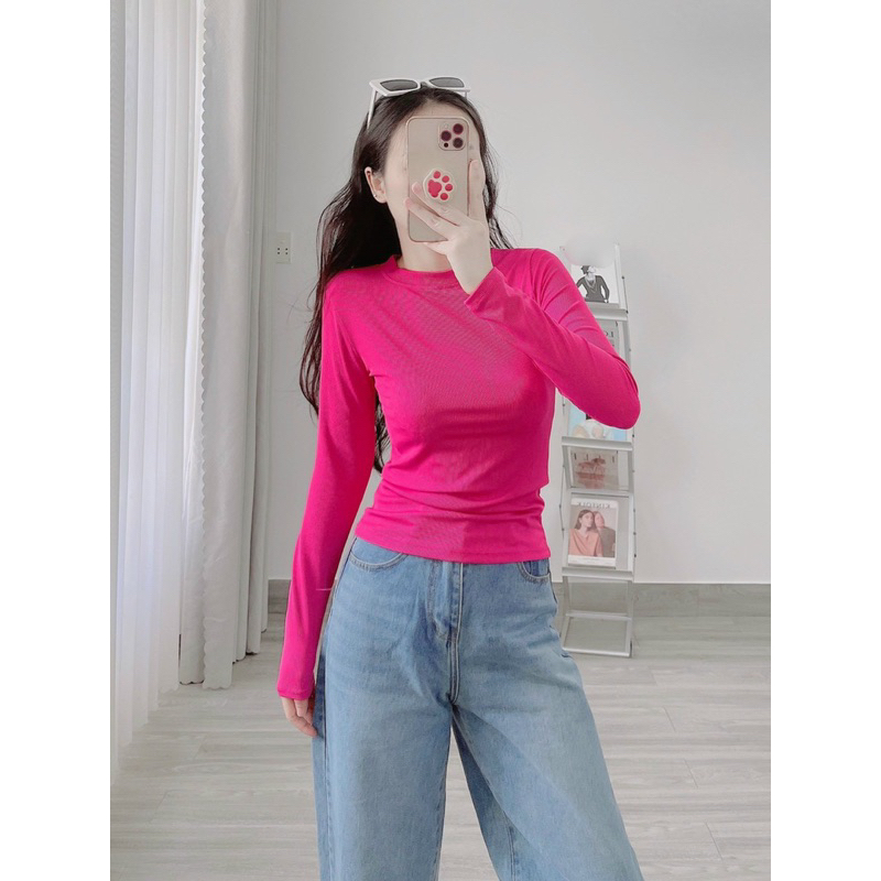 Áo cổ tròn tay dài thun gân mềm chính phẩm túi zip