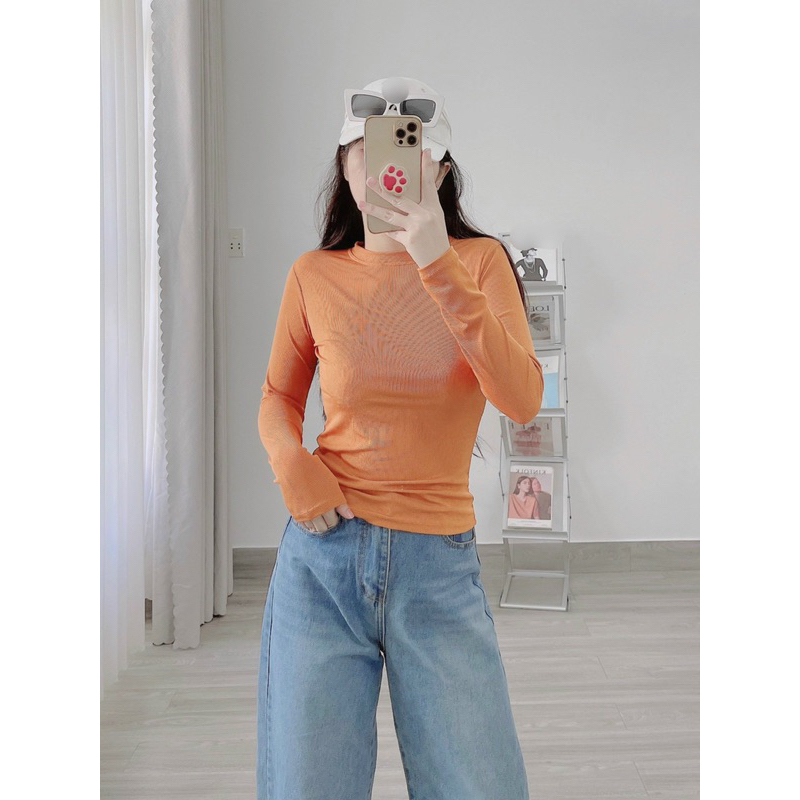 Áo cổ tròn tay dài thun gân mềm chính phẩm túi zip