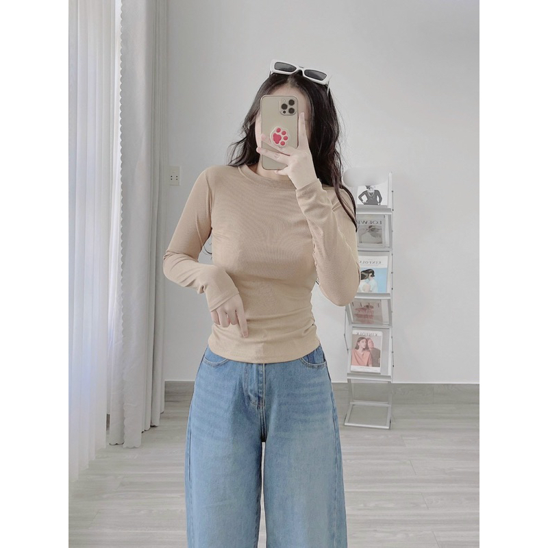Áo cổ tròn tay dài thun gân mềm chính phẩm túi zip