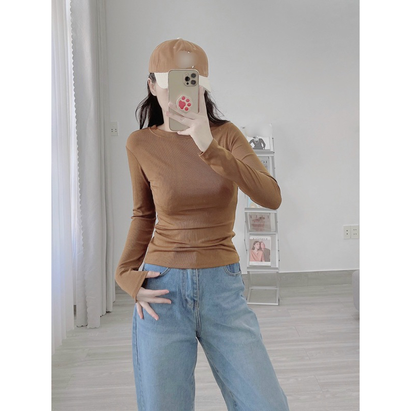 Áo cổ tròn tay dài thun gân mềm chính phẩm túi zip