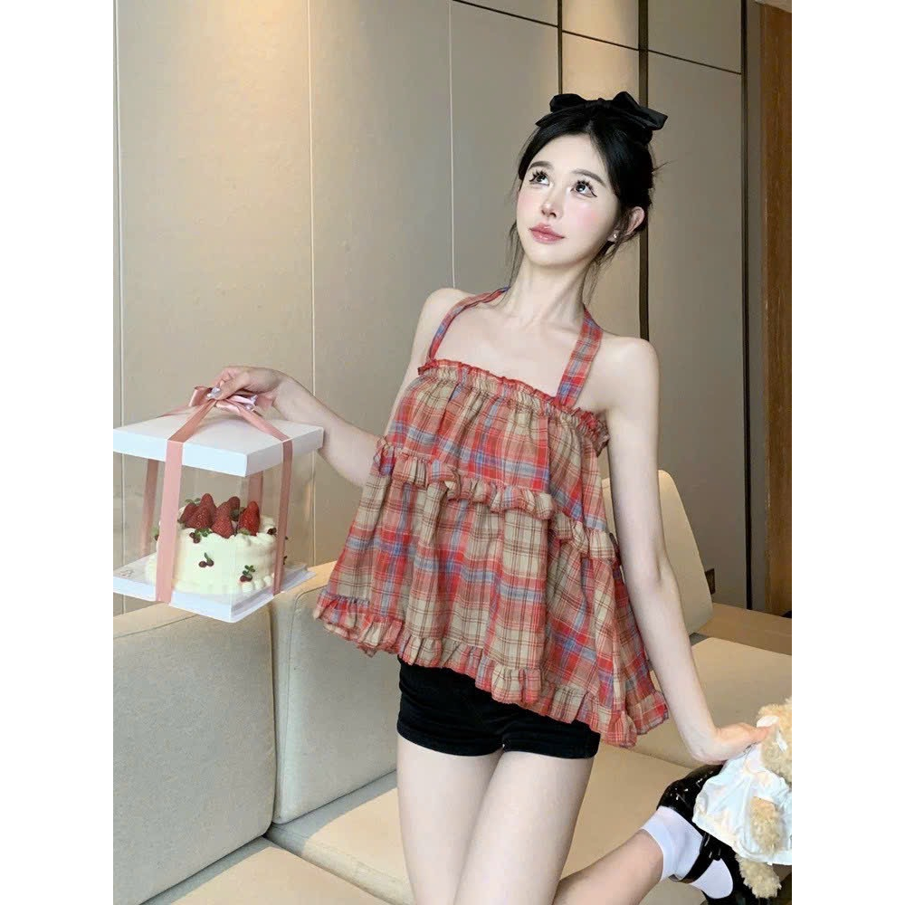 Áo babydoll Hai Dây Cột Nơ Kẻ Caro Đỏ Siêu Đáng Iuuu