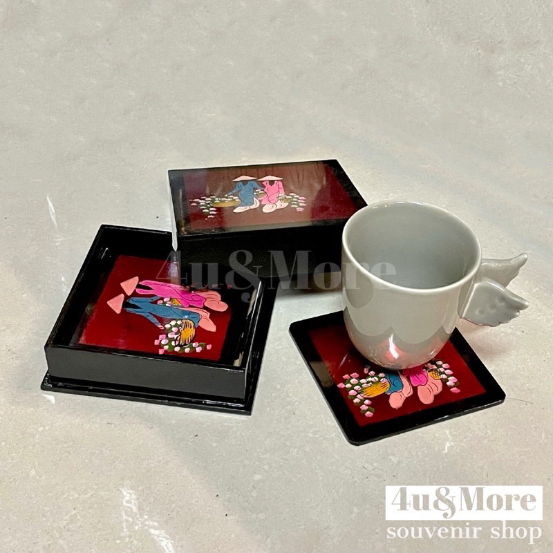 Bộ 6 miếng lót ly cốc sơn mài vuông cô gái áo dài nhiều màu