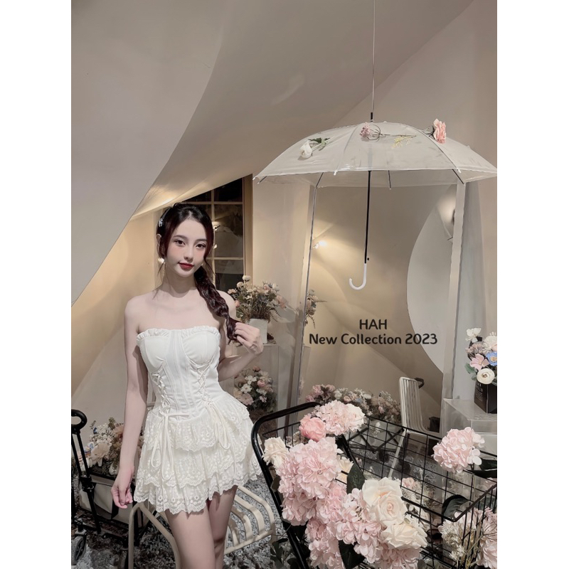 Váy đi chơi cúp ngực đan dây eo chân tầng, đầm xoè cup ngực dạo phố