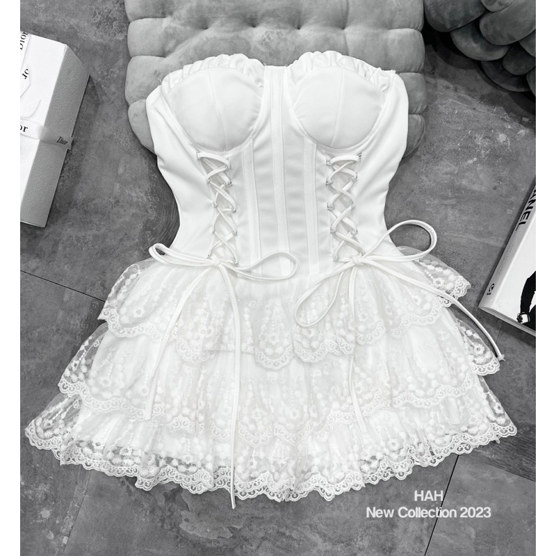 Váy đi chơi cúp ngực đan dây eo chân tầng, đầm xoè cup ngực dạo phố