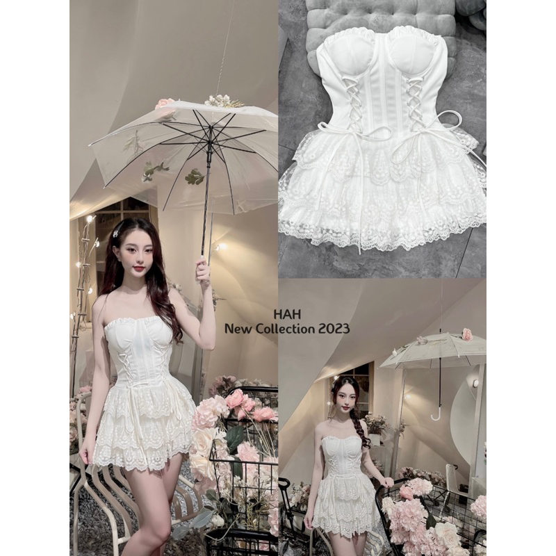 Váy đi chơi cúp ngực đan dây eo chân tầng, đầm xoè cup ngực dạo phố