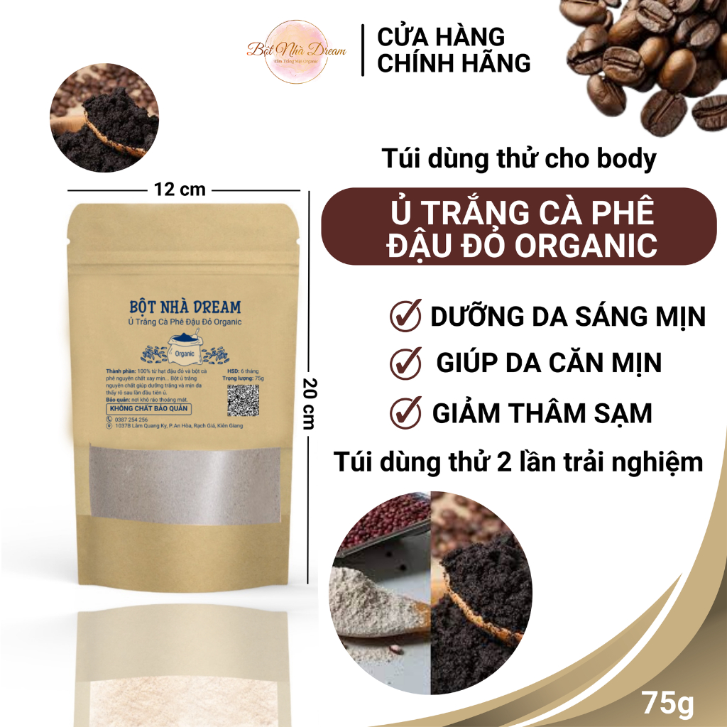 Bột ủ trắng cà phê đậu đỏ Body Organic dưỡng trắng, làm sạch sâu, mờ thâm sạm, mịn màng da 75g