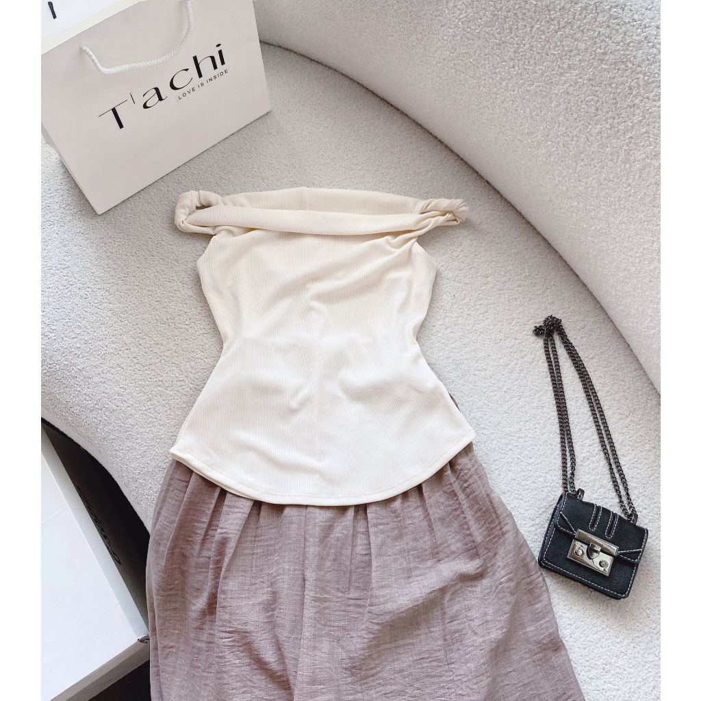 ÁO XOĂN BẸT VAI KEM BODY + QUẦN SUÔNG NÂU HỒNG (TH)