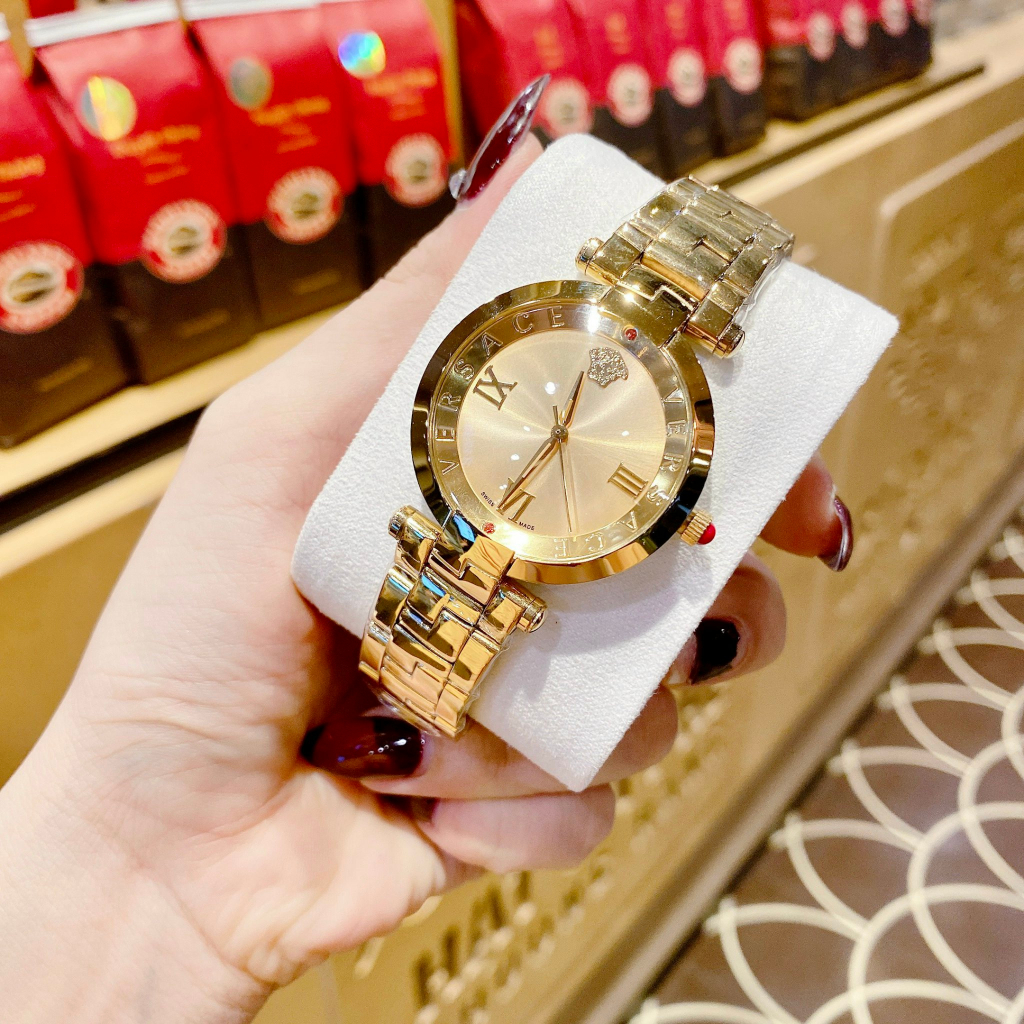Đồng hồ đeo tay nữ, đồng hồ nữ VERSACE Re.vive mặt vàng gương màu vàng gold sang trọng, mặt vàng siêu sang