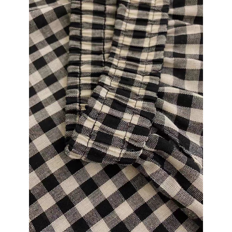 Quần kẻ Gingham ống suông cap chun tag Gill phong cách Hàn Quốc ảnh thật cuối - sẵn