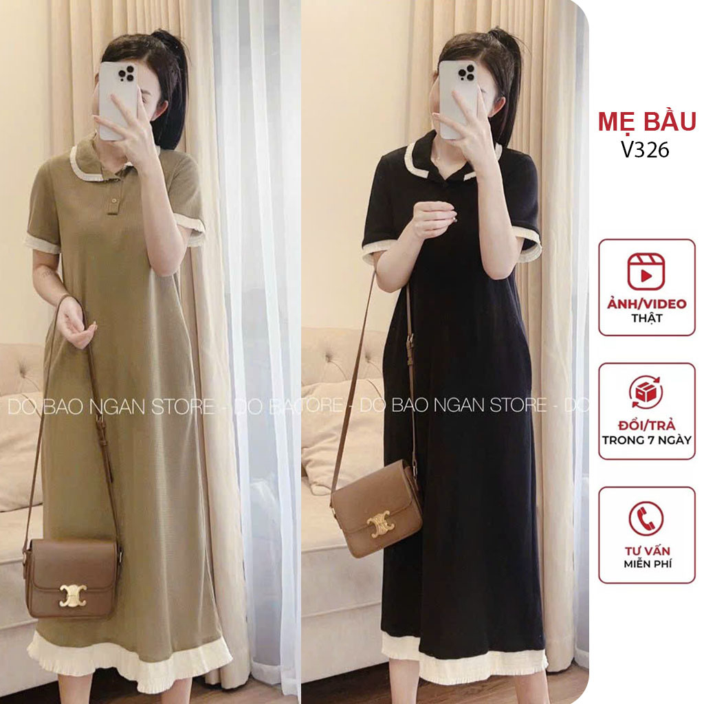 [V326] Đầm Bầu Sơ Mi Ren Cách Điệu Dáng Suông Dài Đẹp Chất Dệt Kim Đẹp Mềm Mát - Váy Bầu Công Sở Trẻ Trung Freesize