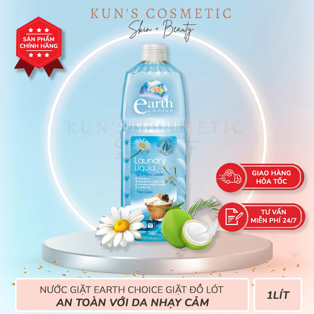 Nước Giặt EARTH CHOICE Giặt Đồ Lót, An Toàn Với Da Nhạy Cảm Với Chiết Xuất Thực Vật An Toàn Dung Tích 1L