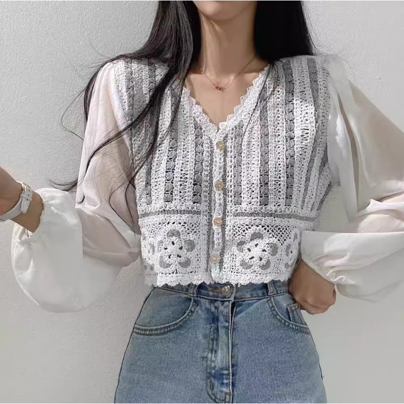 Áo sơ mi đan sợi croptop dài tay DA625