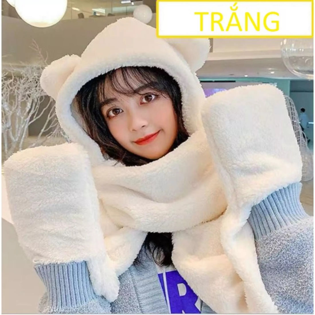 Mũ len nữ trùm đầu kèm khăn quàng cổ và găng tay, Mũ lông cừu tai gấu - Đánh bay giá lạnh mùa đông