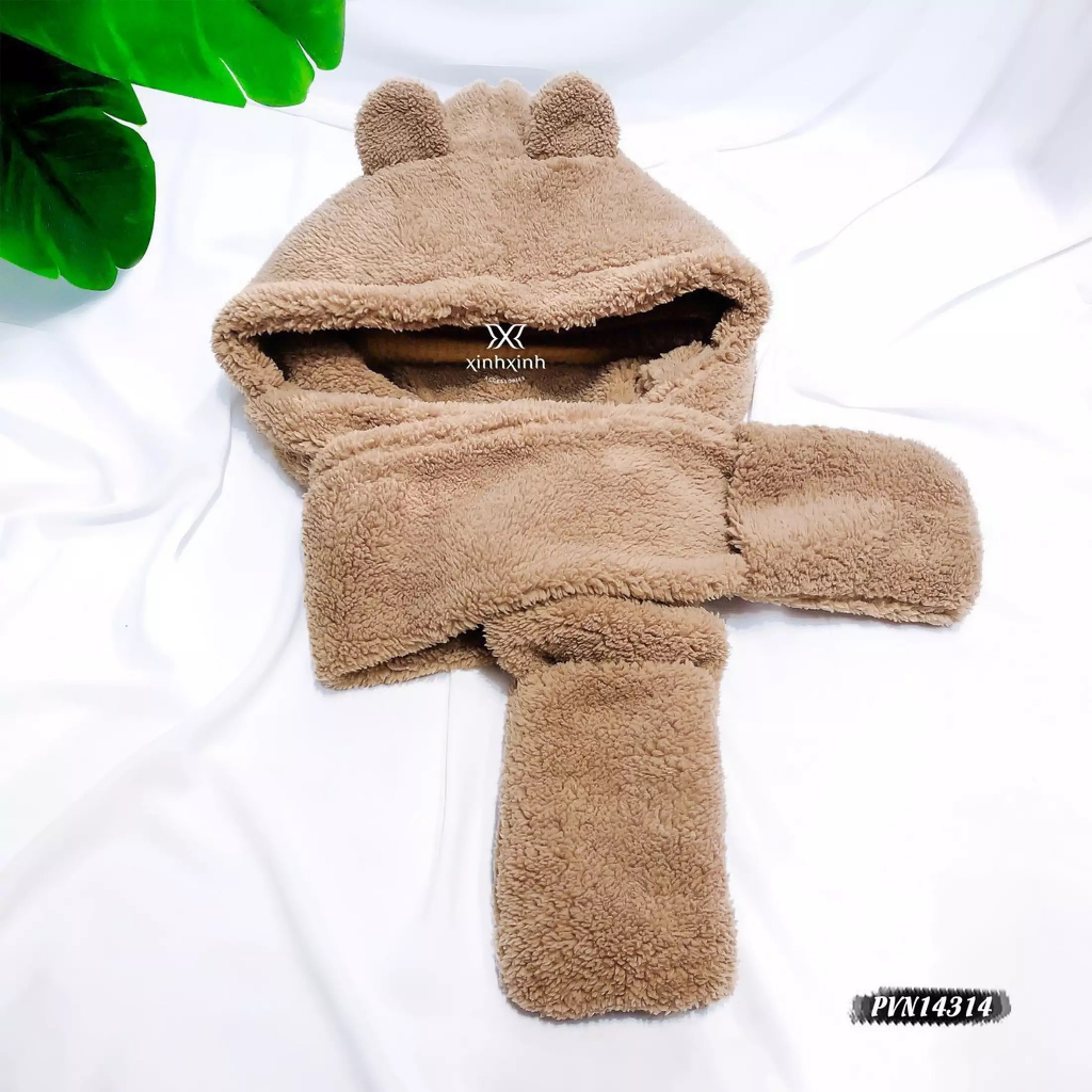 Mũ len nữ trùm đầu kèm khăn quàng cổ và găng tay, Mũ lông cừu tai gấu - Đánh bay giá lạnh mùa đông