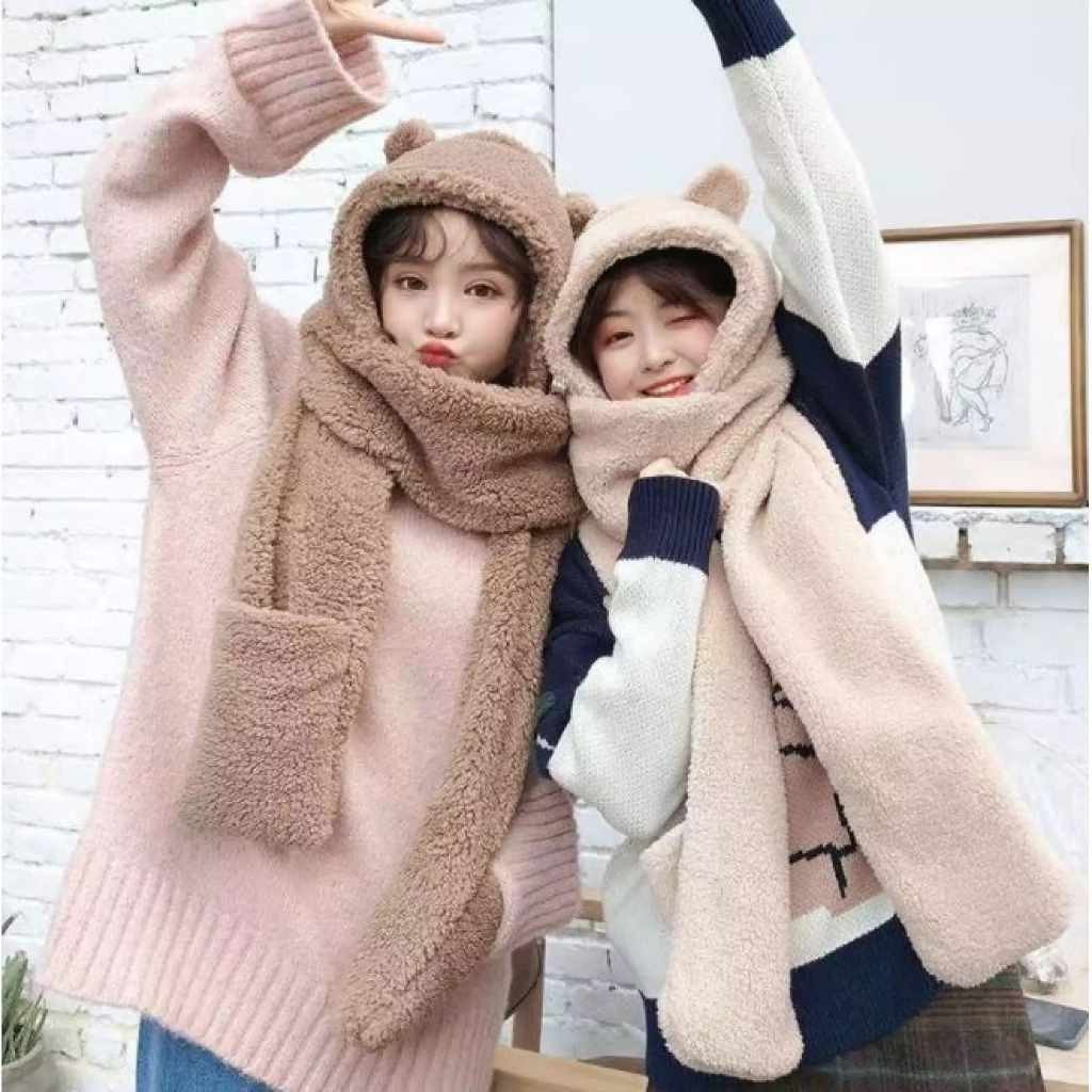 Mũ len nữ trùm đầu kèm khăn quàng cổ và găng tay, Mũ lông cừu tai gấu - Đánh bay giá lạnh mùa đông