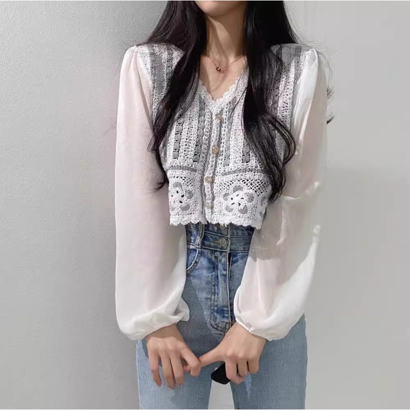 Áo sơ mi đan sợi croptop dài tay DA625