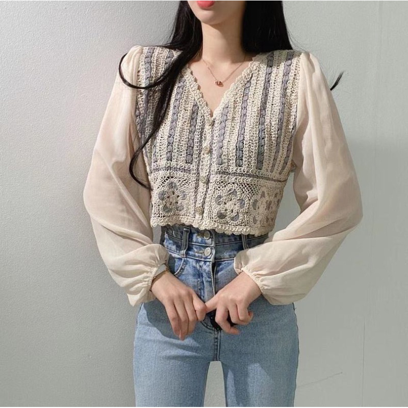 Áo sơ mi đan sợi croptop dài tay DA625
