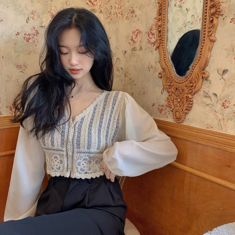 Áo sơ mi đan sợi croptop dài tay DA625