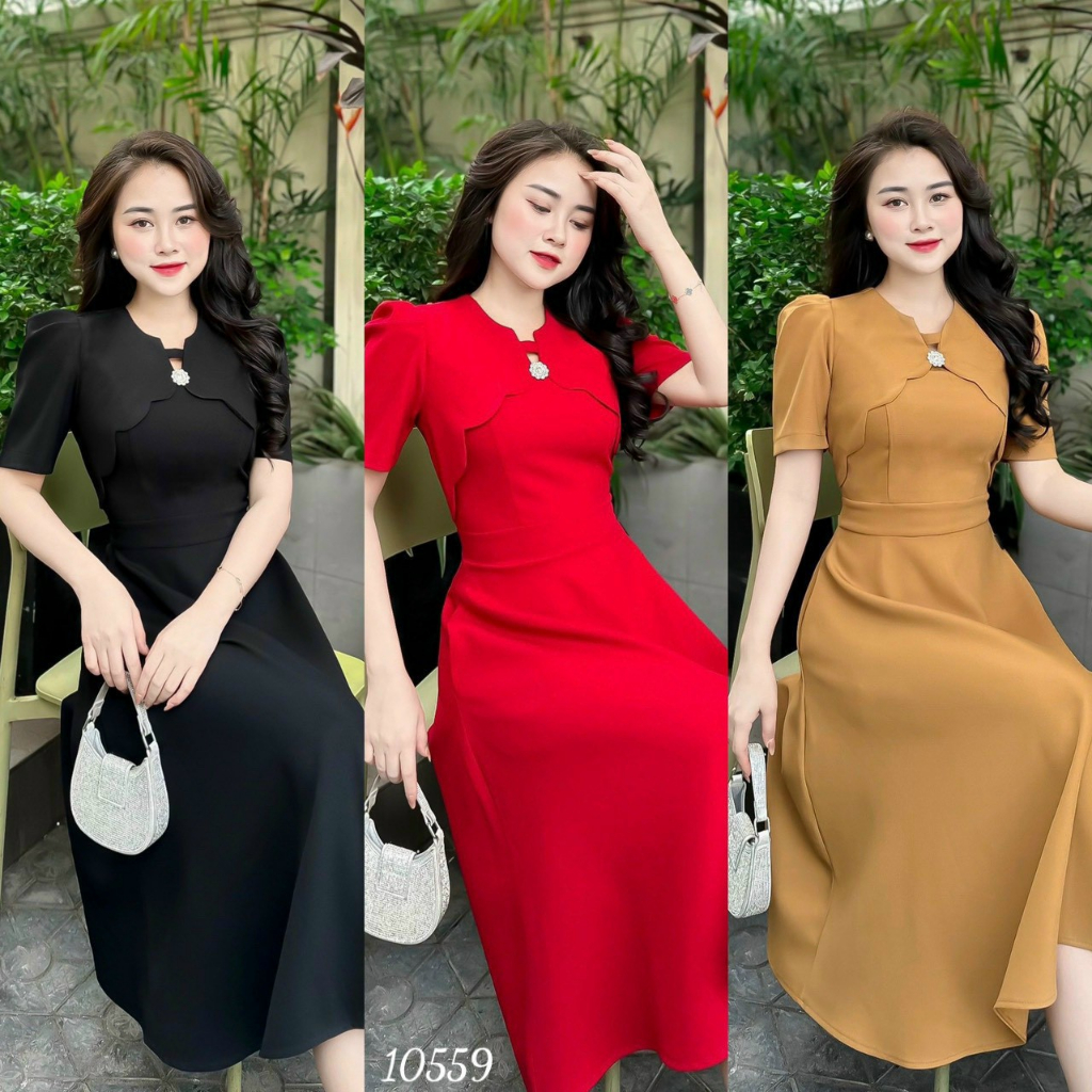 Đầm trung niên dự tiệc dáng xòe cổ tròn tay lỡ, đầm trung niên công sở nhẹ nhàng thanh lịch