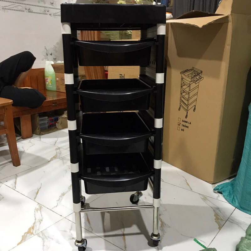 Xe Đẩy 5 Tầng Chuyên Dành Cho Tiệm Tóc Màu Đen Trắng