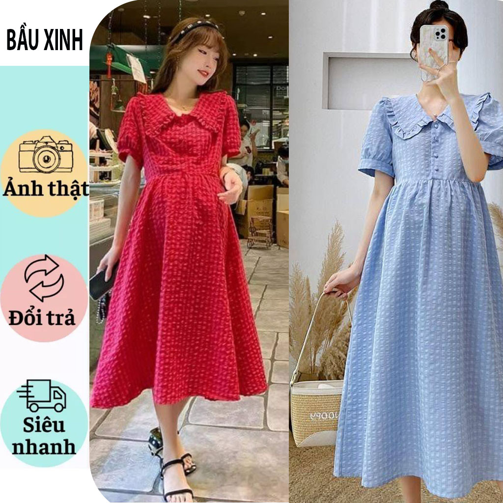 VÁY BẦU CÔNG SỞ MÙA HÈ-ĐẦM BẦU BABAYDOLL KẺ CARO CỔ SEN TIỂU THƯ XINH XẮN VẢI THÔ MỀM MÁT FRESIZE