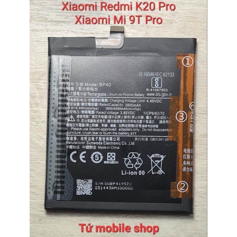 Pin zin Xiaomi Redmi K20 Pro , Xiaomi Mi 9T Pro , mã pin BP40 , dung lượng pin 4000mAh