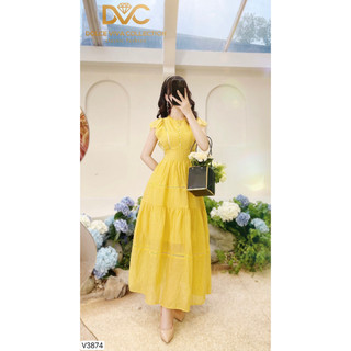 Váy vàng dáng xòe cổ tròn bèo tay bèo dự tiệc v3874 - dvc